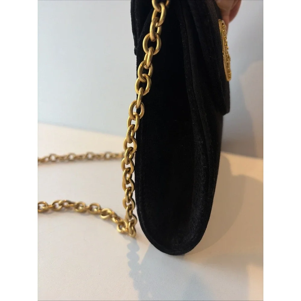 Casual Corner Black Suede Handbag Gold Medallion & Chain Essentials Elegant Bag